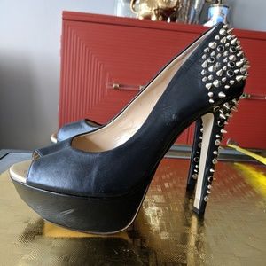 Black platform leather stilletos with gold studs